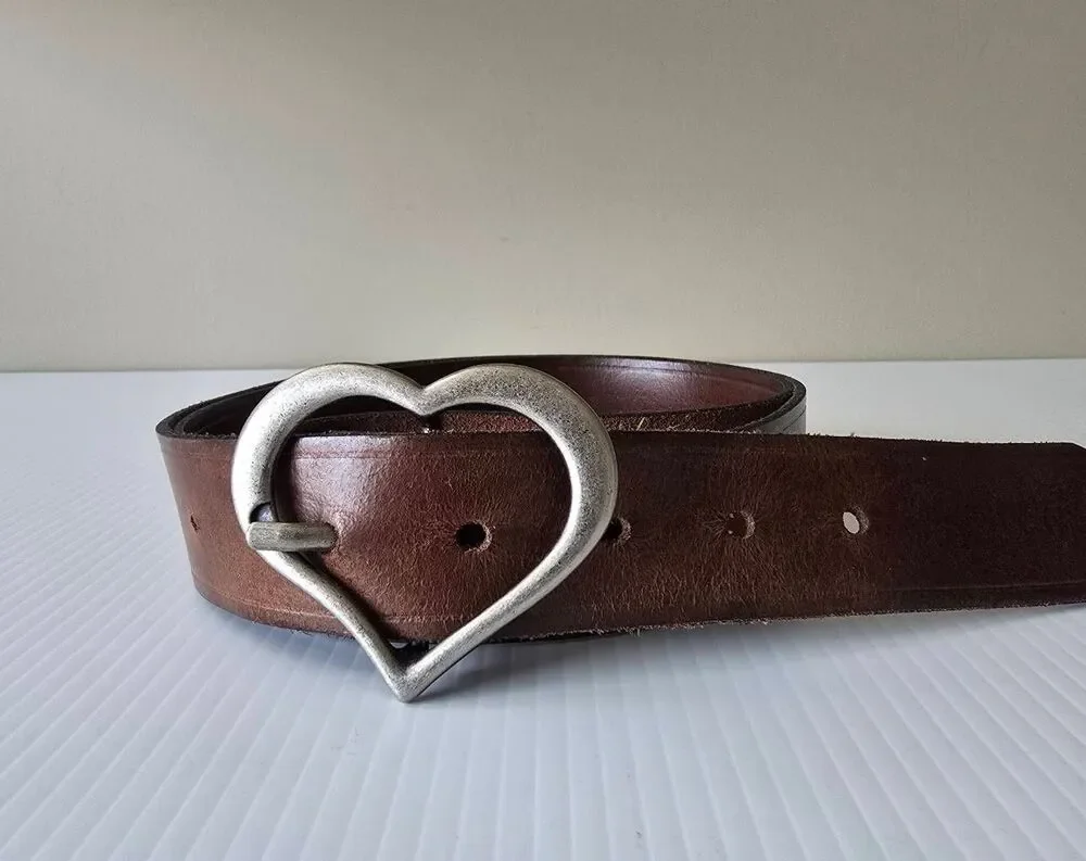 Belt Brown Leather Heart Buckle Sz XXL